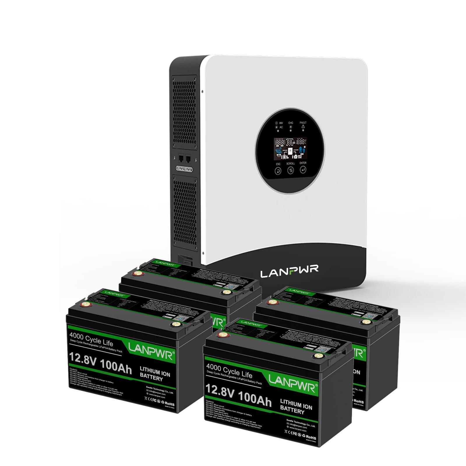 LANPWR 1080Wp 3000W 24V 5.12kWh Off‑Grid Solar Kit - 24V 3000W Off-grid Inverter, 4x12V 100Ah LiFePO4 Lithium Battery