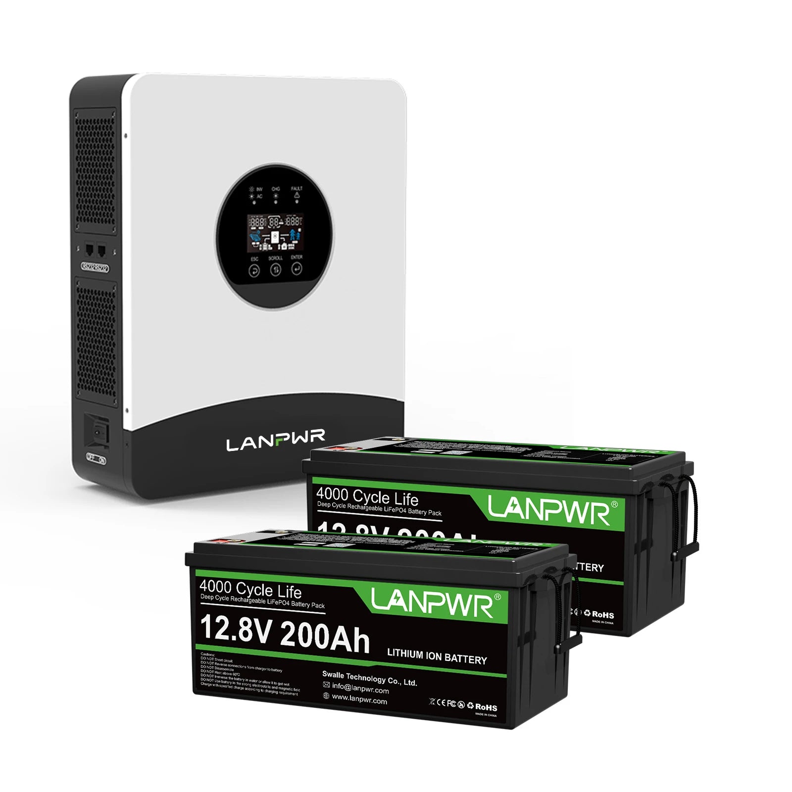 LANPWR 1080Wp 3000W 24V 5.12kWh Off‑Grid Solar Kit - 24V 3000W Off-grid Inverter, 2x12V 200Ah Bluetooth LiFePO4 Battery