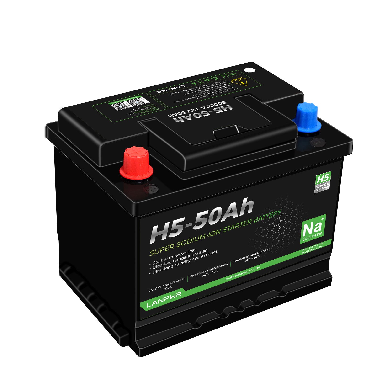 LANPWR 12 V 50 Ah 800 CCA Auto-Batterie Natrium-Ionen-Starterbatterie mit Bluetooth