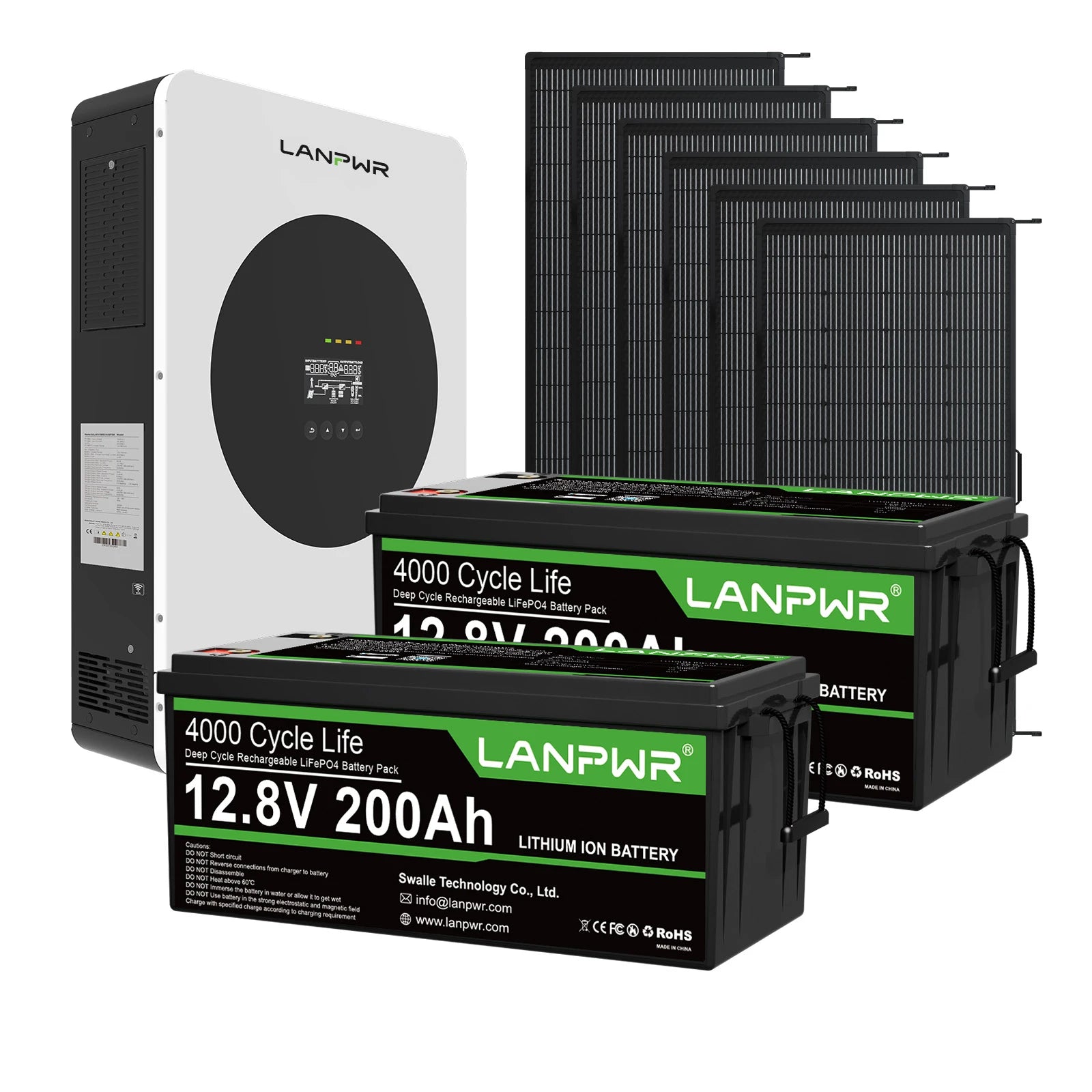 LANPWR 1440Wp 3600W 24V 5,12kWh Off-Grid-Solaranlage – 24V 3600W Off-Grid-Wechselrichter, 2x12V 200Ah Plus Bluetooth LiFePO4-Batterie