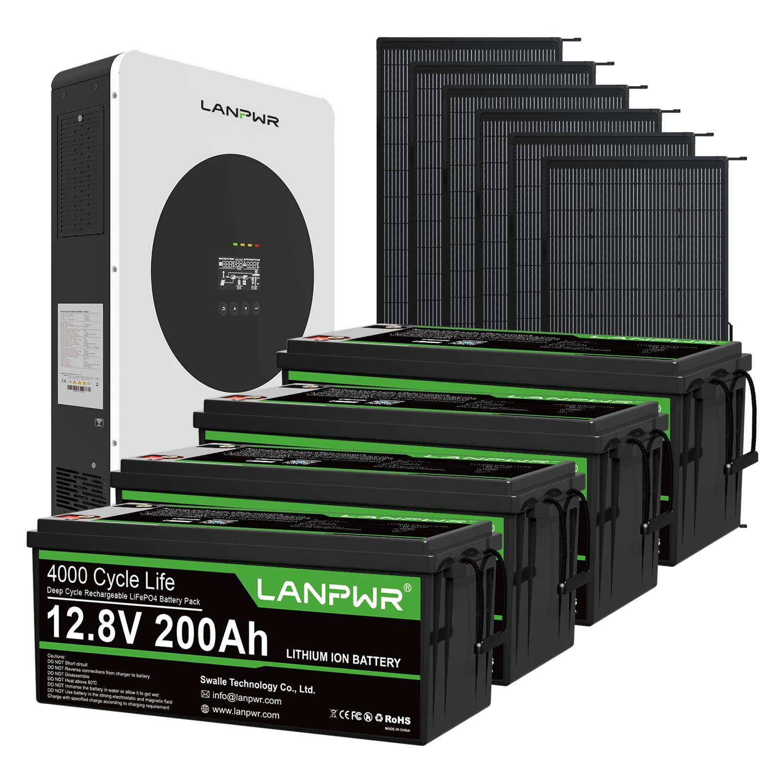 LANPWR 1440Wp 3600W 24V 5,12kWh Off-Grid-Solaranlage – 24V 3600W Off-Grid-Wechselrichter, 2x12V 200Ah Plus Bluetooth LiFePO4-Batterie