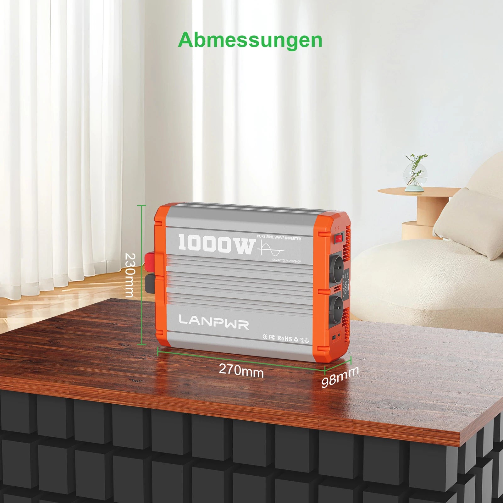 LANPWR 1000W Reiner Sinsuswellen Wechselrichter 24VDC zu 230VAC Konverter