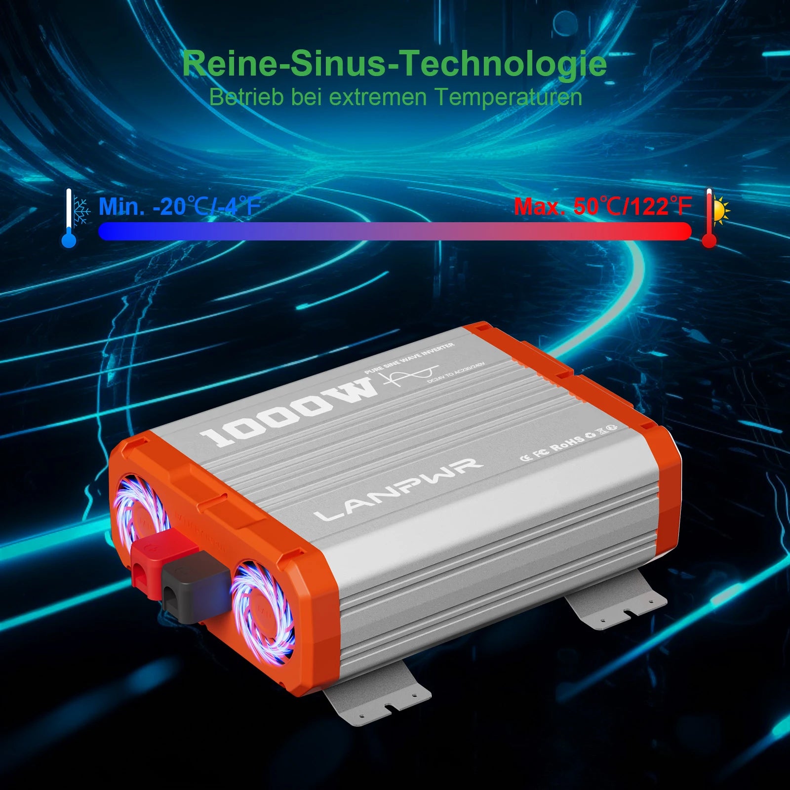 LANPWR 1000W Reiner Sinsuswellen Wechselrichter 24VDC zu 230VAC Konverter