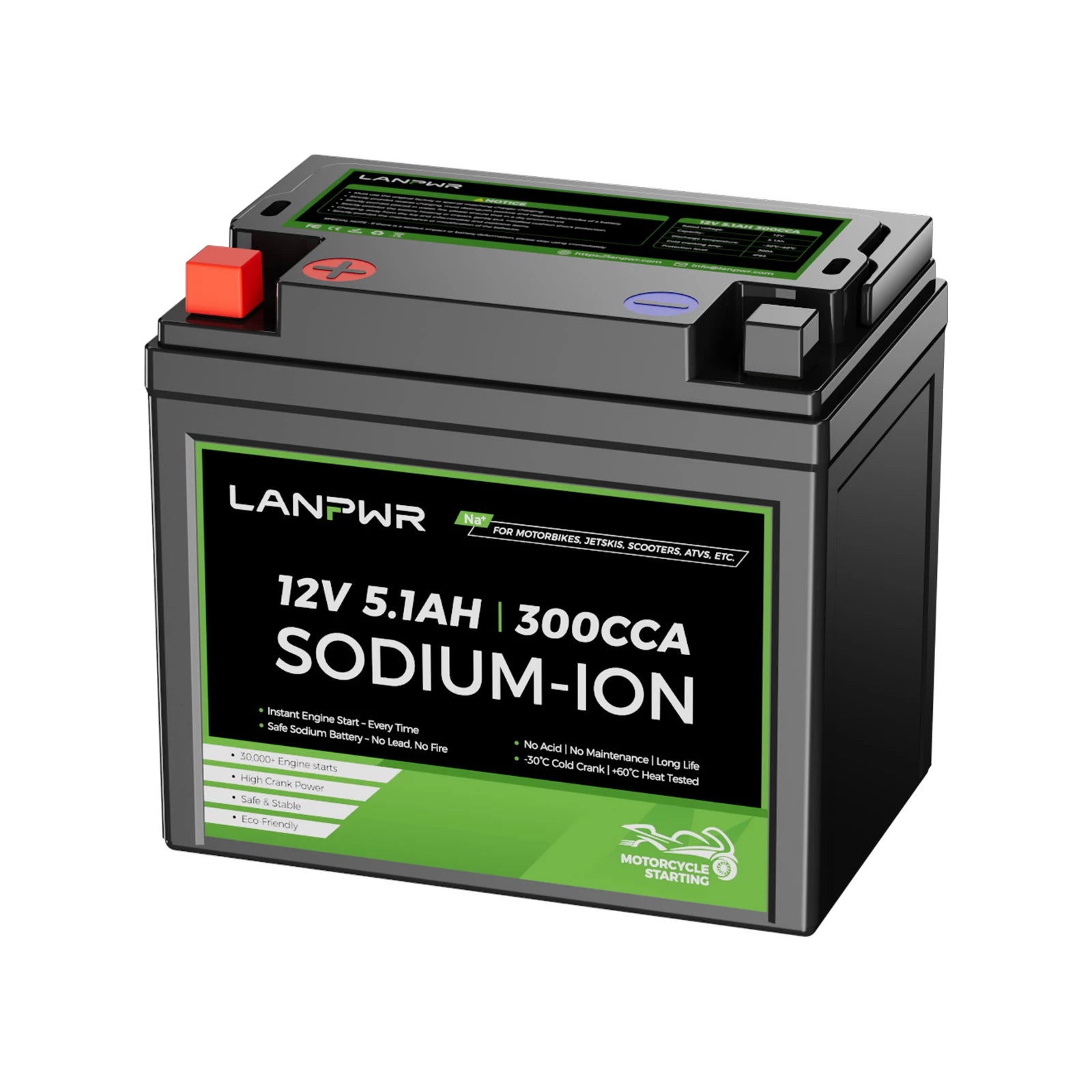 LANPWR 12V 5.1Ah 300CCA Natrium-Ionen Starterbatterie für Motorrad, Jet Ski, ATV, UTV, Snowmobile