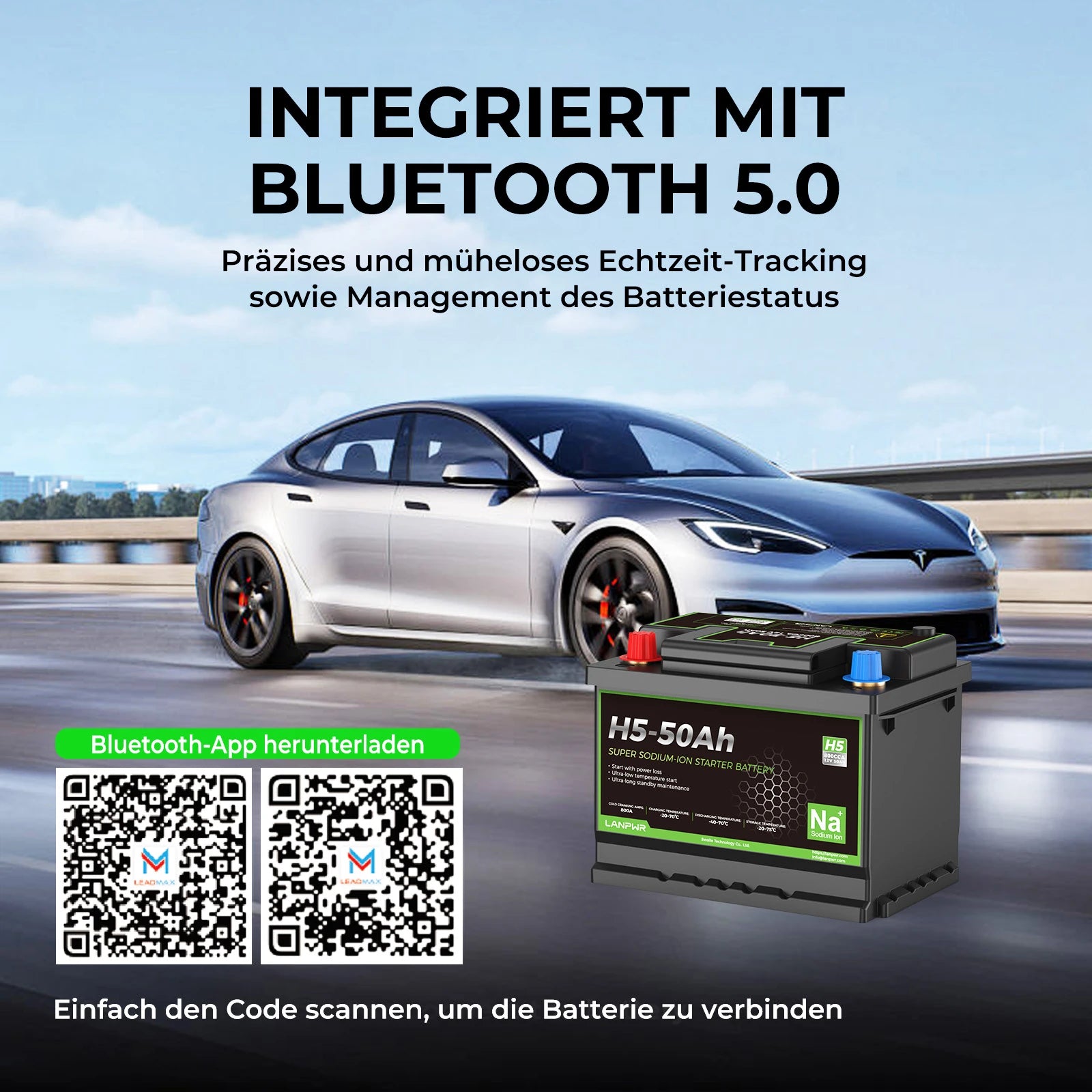 LANPWR 12 V 50 Ah 800 CCA Auto-Batterie Natrium-Ionen-Starterbatterie mit Bluetooth