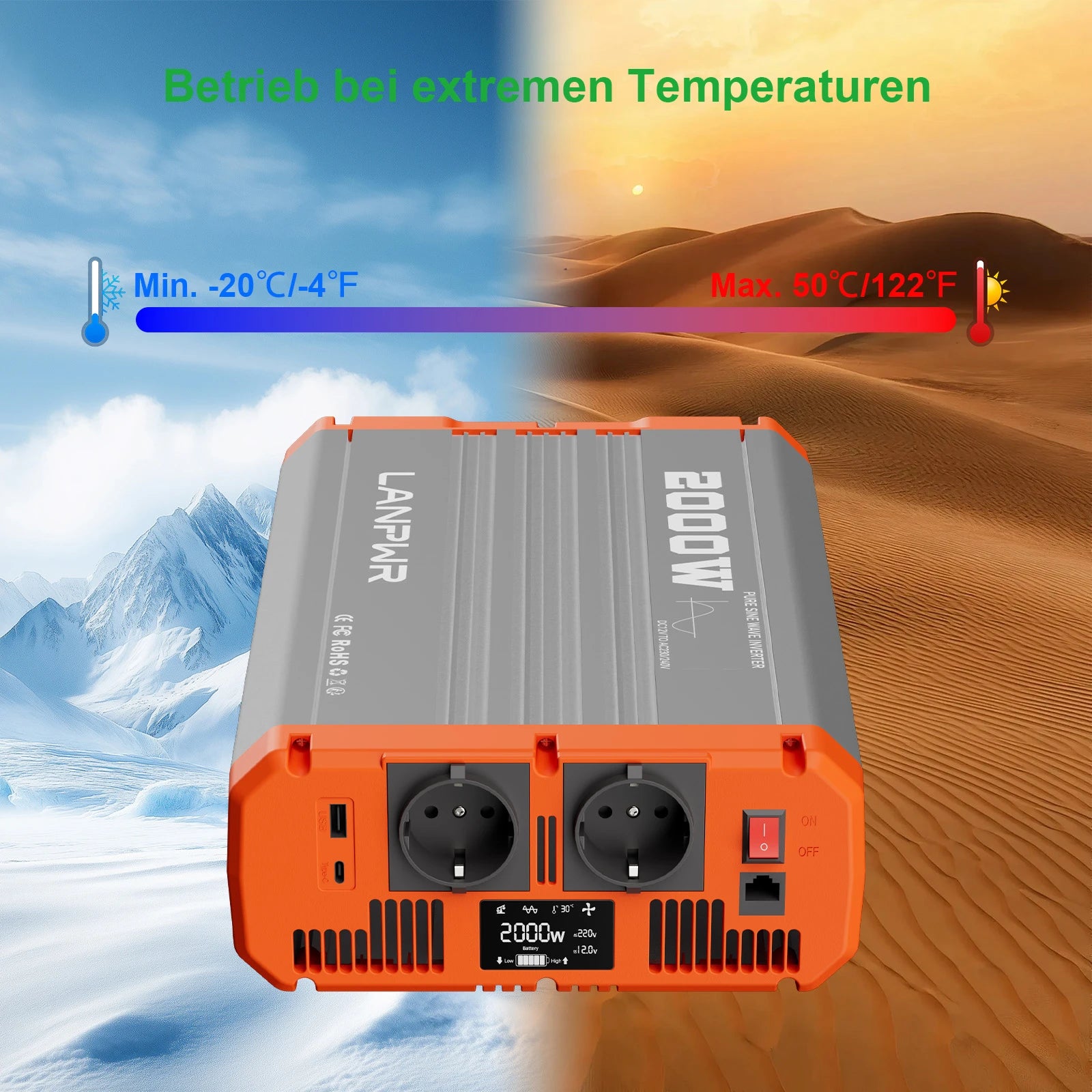LANPWR 2000W Reiner Sinsuswellen Wechselrichter 12VDC zu 230VAC Konverter