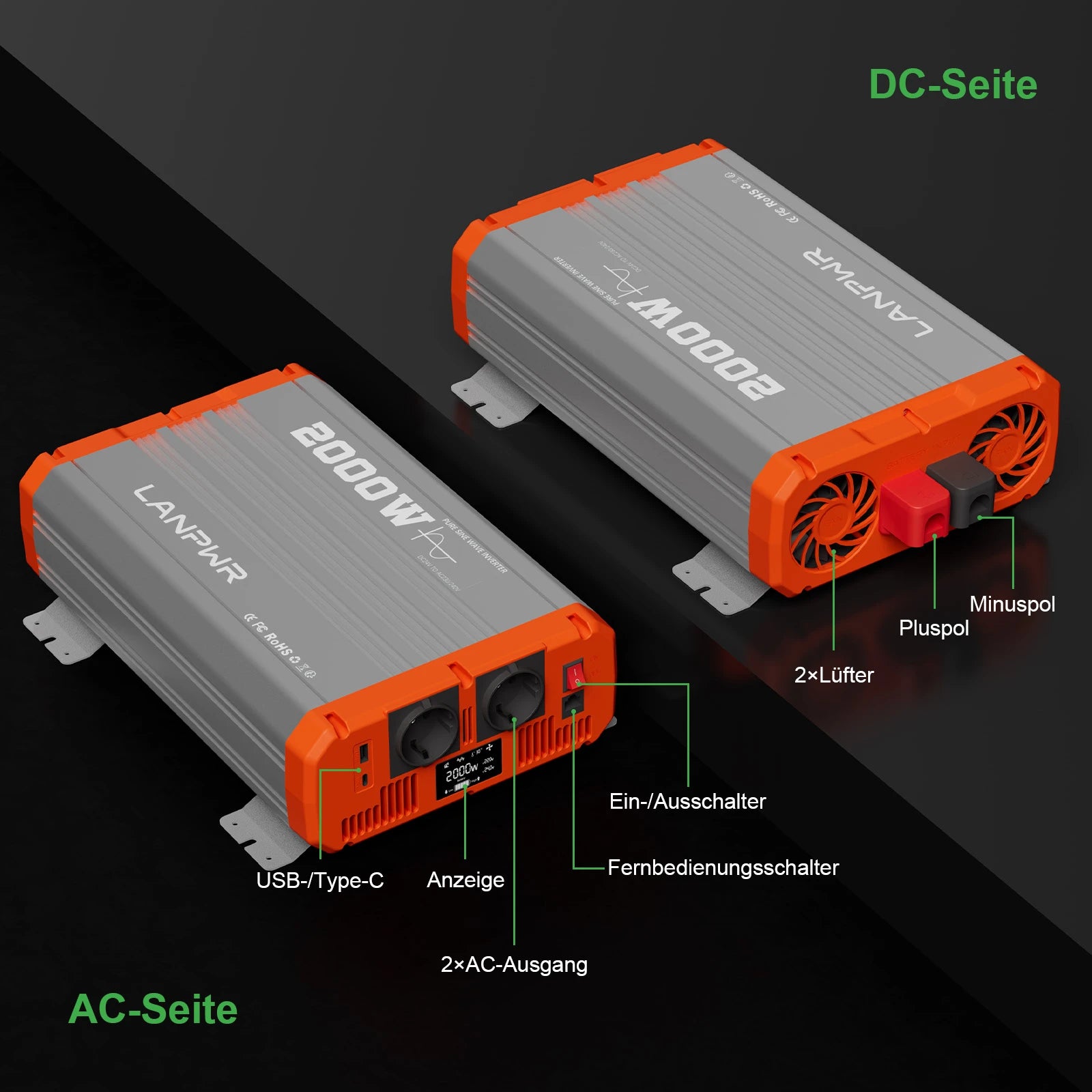 LANPWR 2000W Reiner Sinsuswellen Wechselrichter 24VDC zu 230VAC Konverter