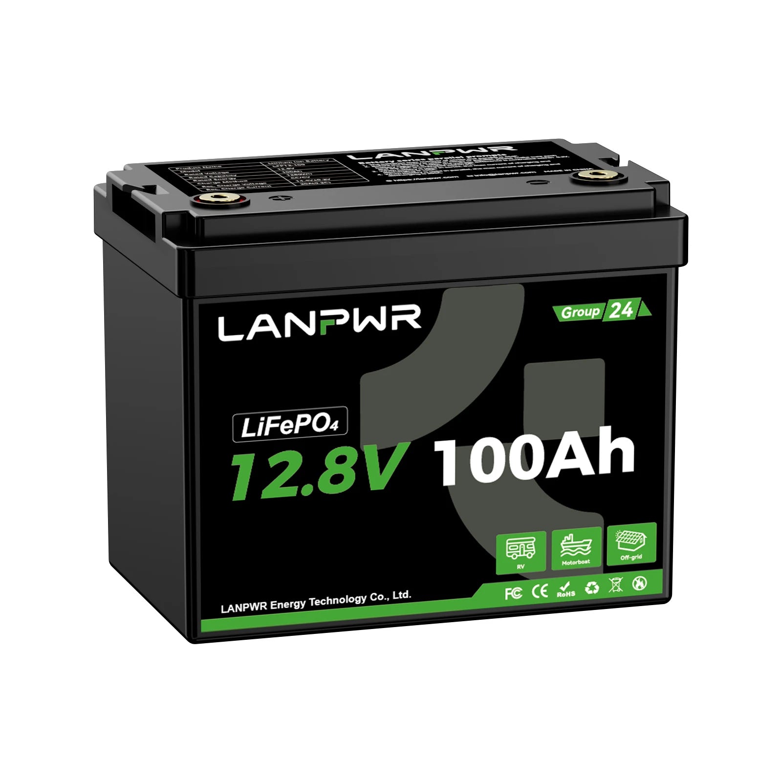 LANPWR 12V 100Ah G24 Mini Deep Cycle LiFePO4 Lithium Battery