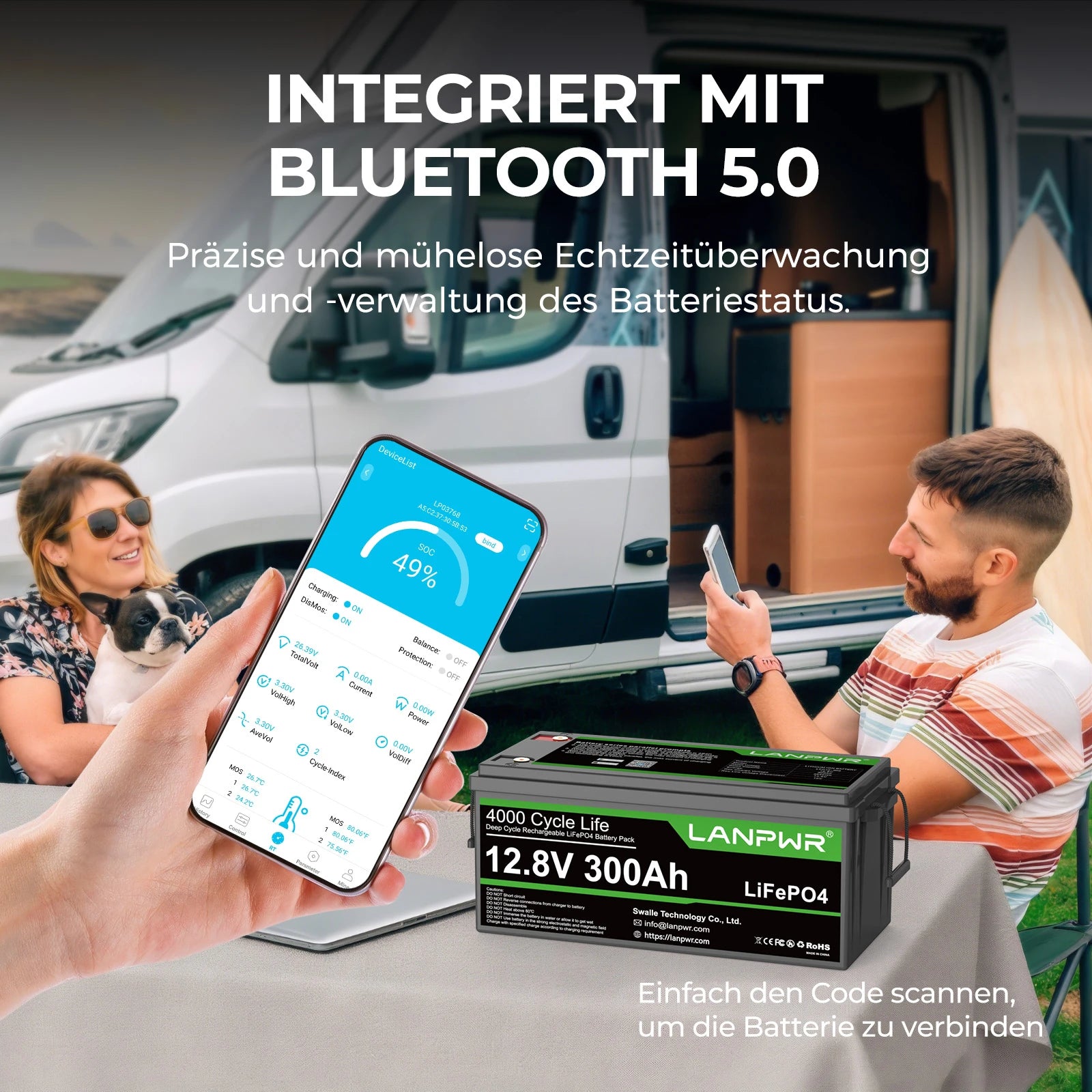 LANPWR 12V 300Ah Bluetooth LiFePO4 Lithium Batterie
