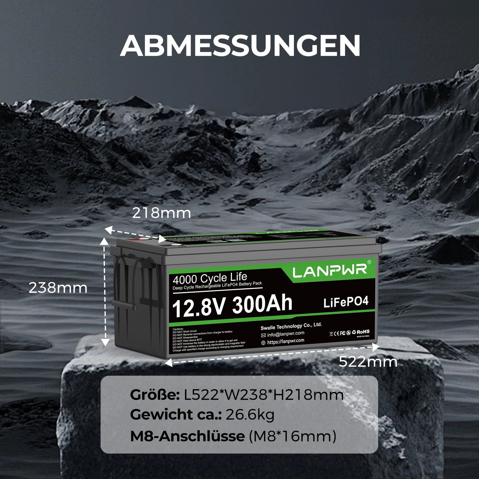 LANPWR 12V 300Ah Bluetooth LiFePO4 Lithium Batterie