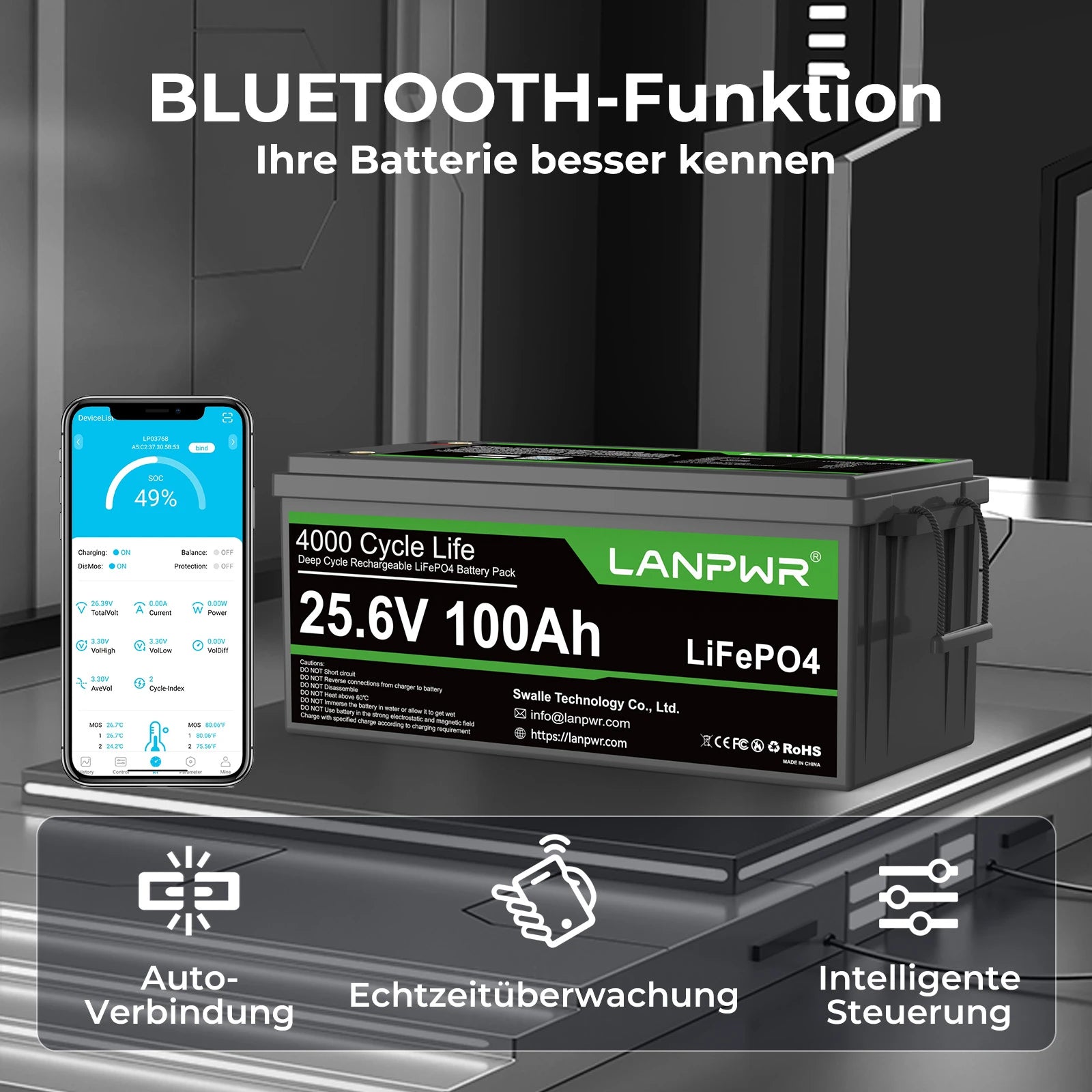 LANPWR 24V 100Ah Bluetooth LiFePO4 Lithium Batterie