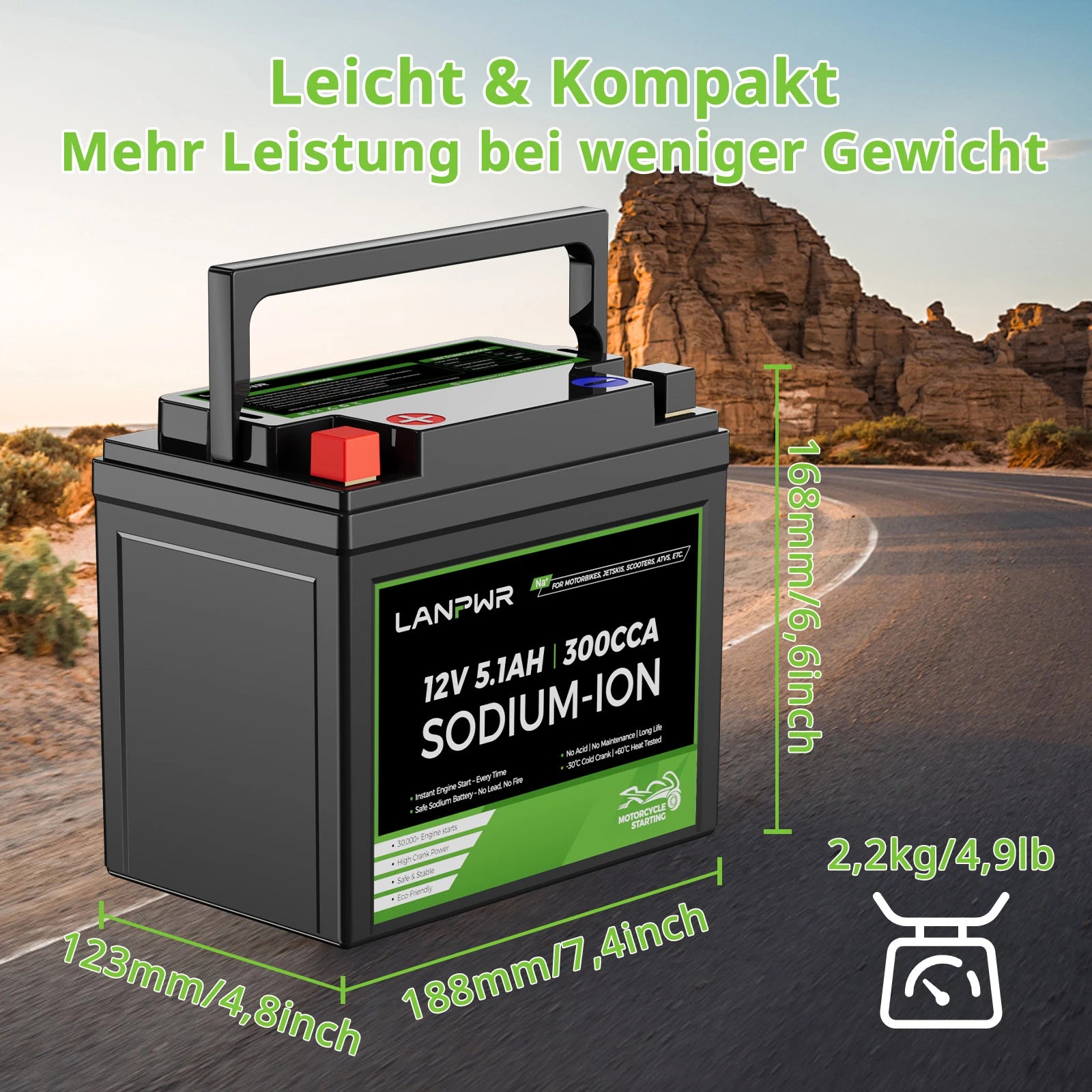 LANPWR 12V 5.1Ah 300CCA Natrium-Ionen Starterbatterie für Motorrad, Jet Ski, ATV, UTV, Snowmobile
