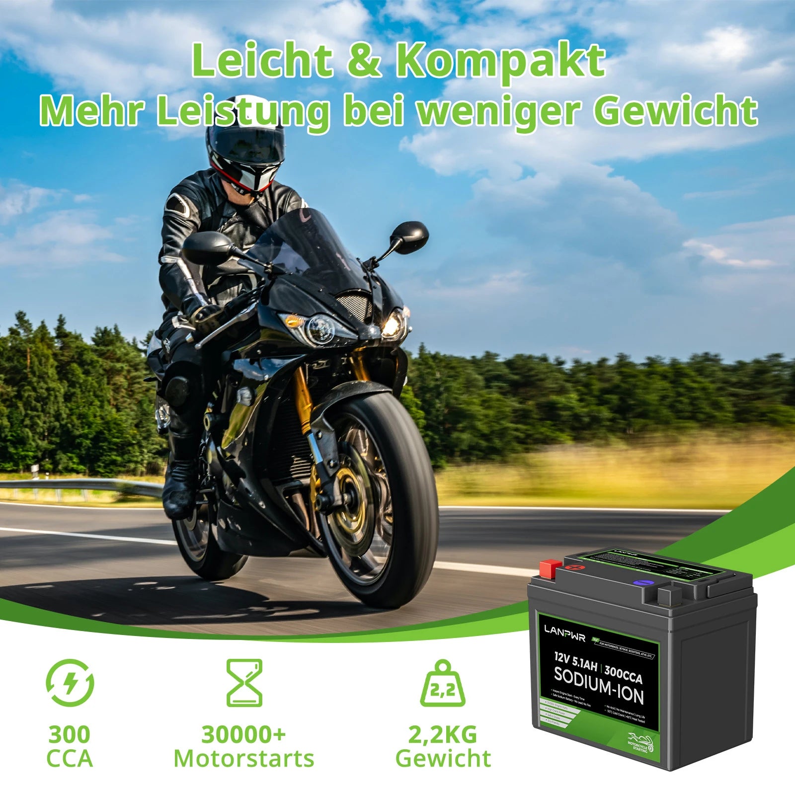LANPWR 12V 5.1Ah 300CCA Natrium-Ionen Starterbatterie für Motorrad, Jet Ski, ATV, UTV, Snowmobile