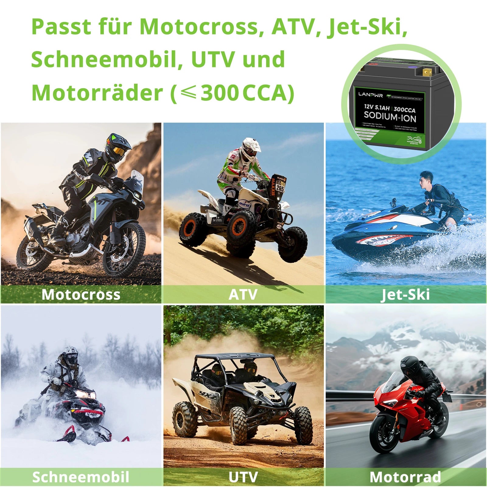 LANPWR 12V 5.1Ah 300CCA Natrium-Ionen Starterbatterie für Motorrad, Jet Ski, ATV, UTV, Snowmobile