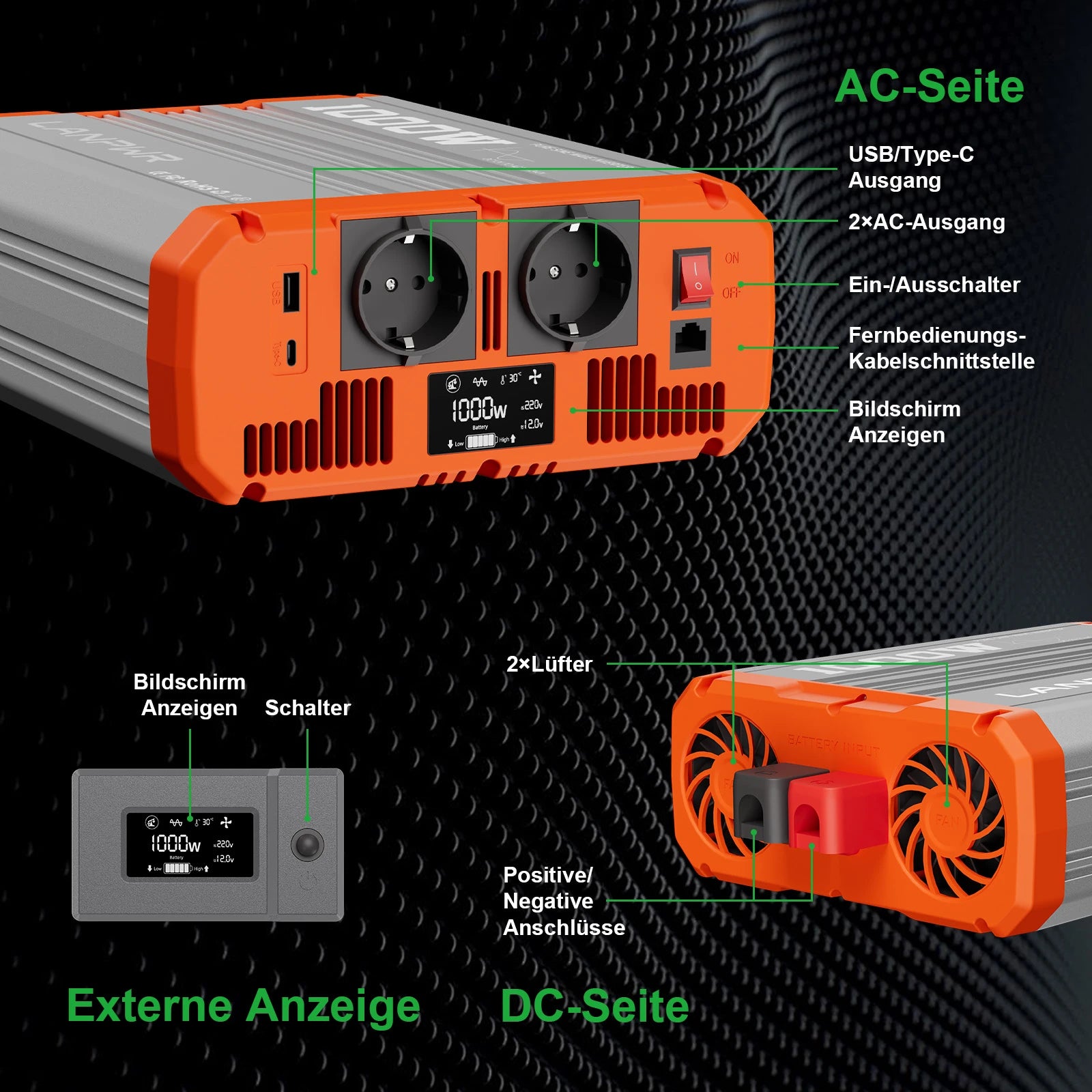 LANPWR 1000W Reiner Sinsuswellen Wechselrichter 12VDC zu 230VAC Konverter