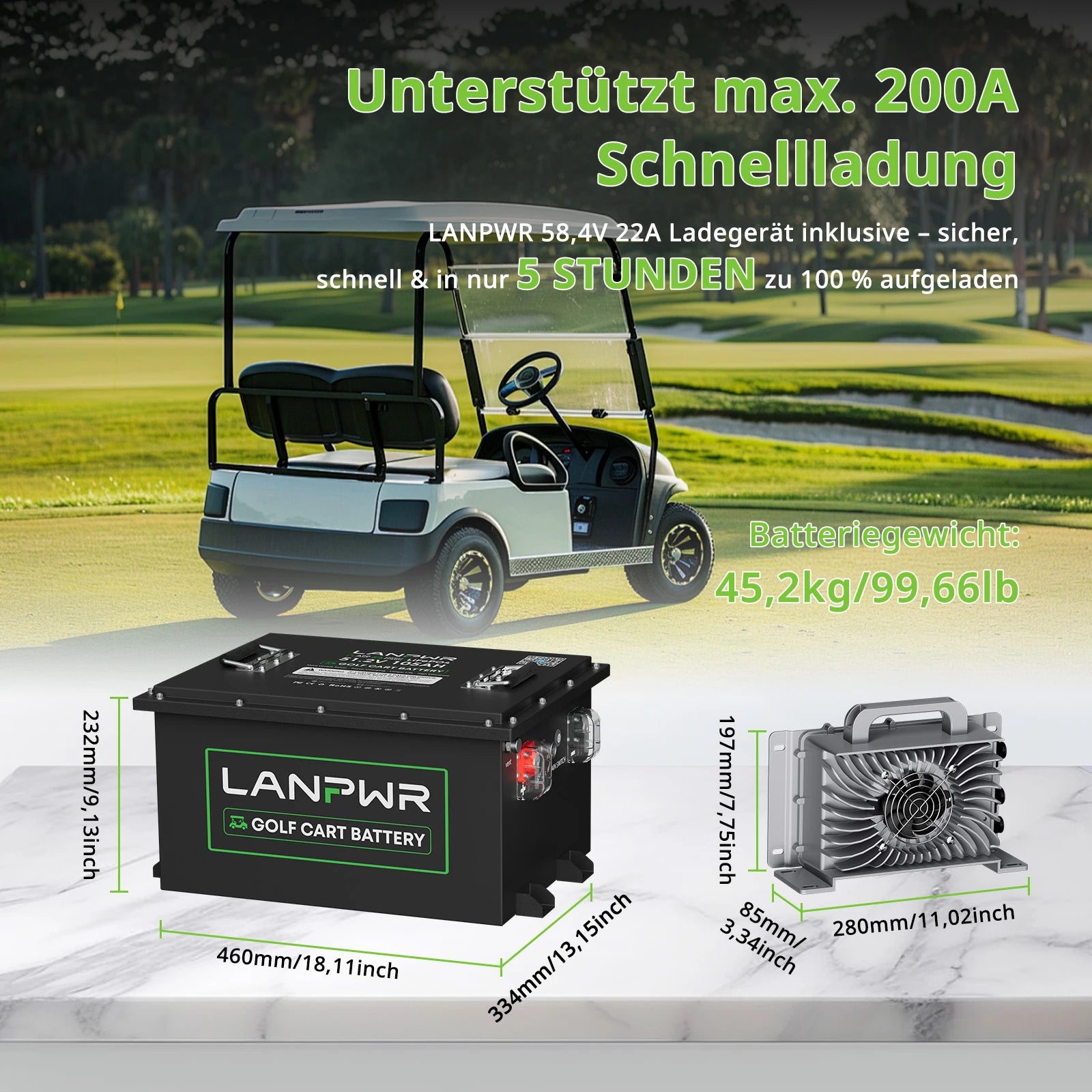 LANPWR 48 V 105 Ah LiFePO4-Golfwagen-Akku, integriertes 200 A BMS, wiederaufladbarer Lithium-Akku mit mehr als 4.000 Zyklen, max. 10,24 kW Ausgangsleistung