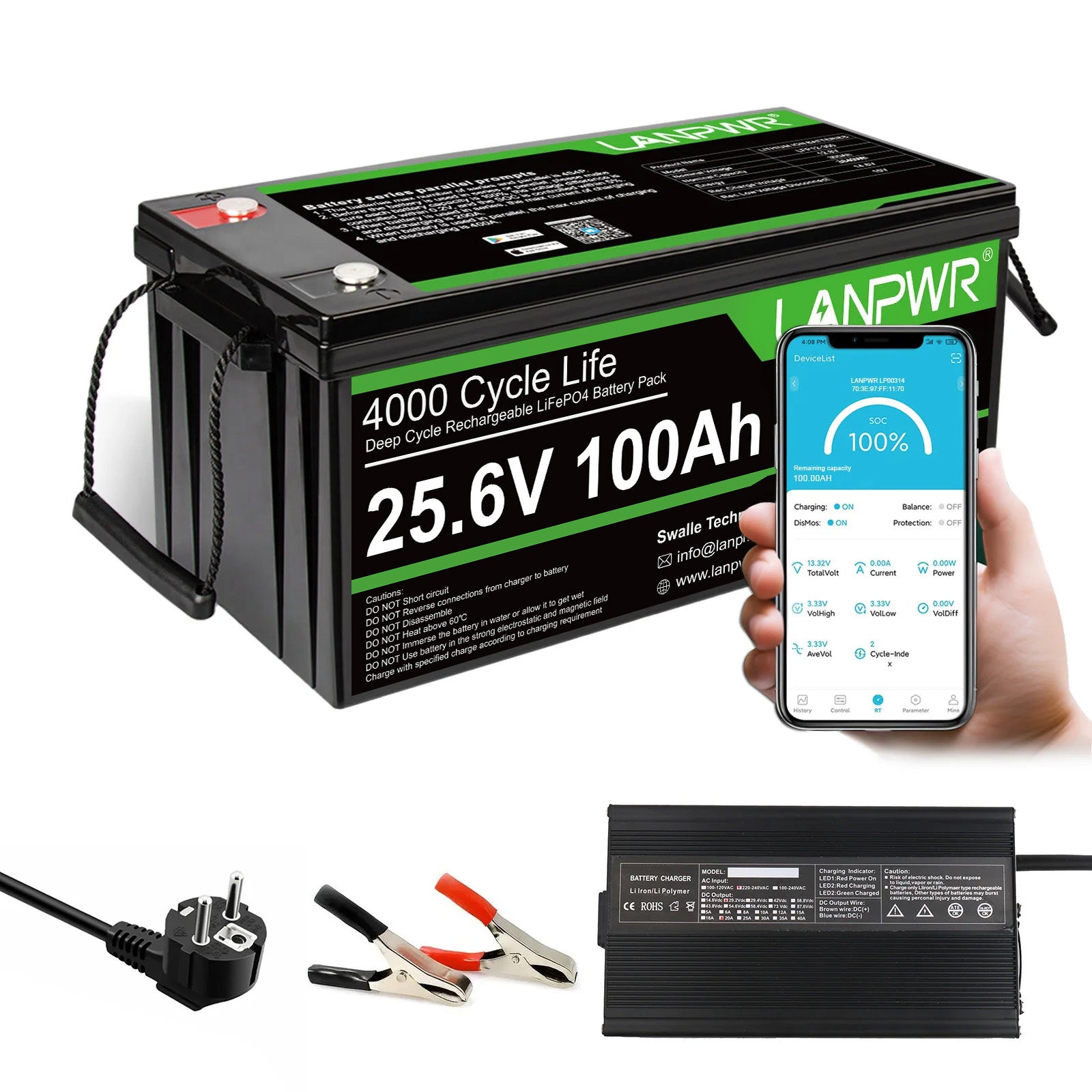 LANPWR 24V 100Ah LiFePO4 Battery with Bluetooth 5.0, Maximum Load Power 2560W, 2560Wh Energy