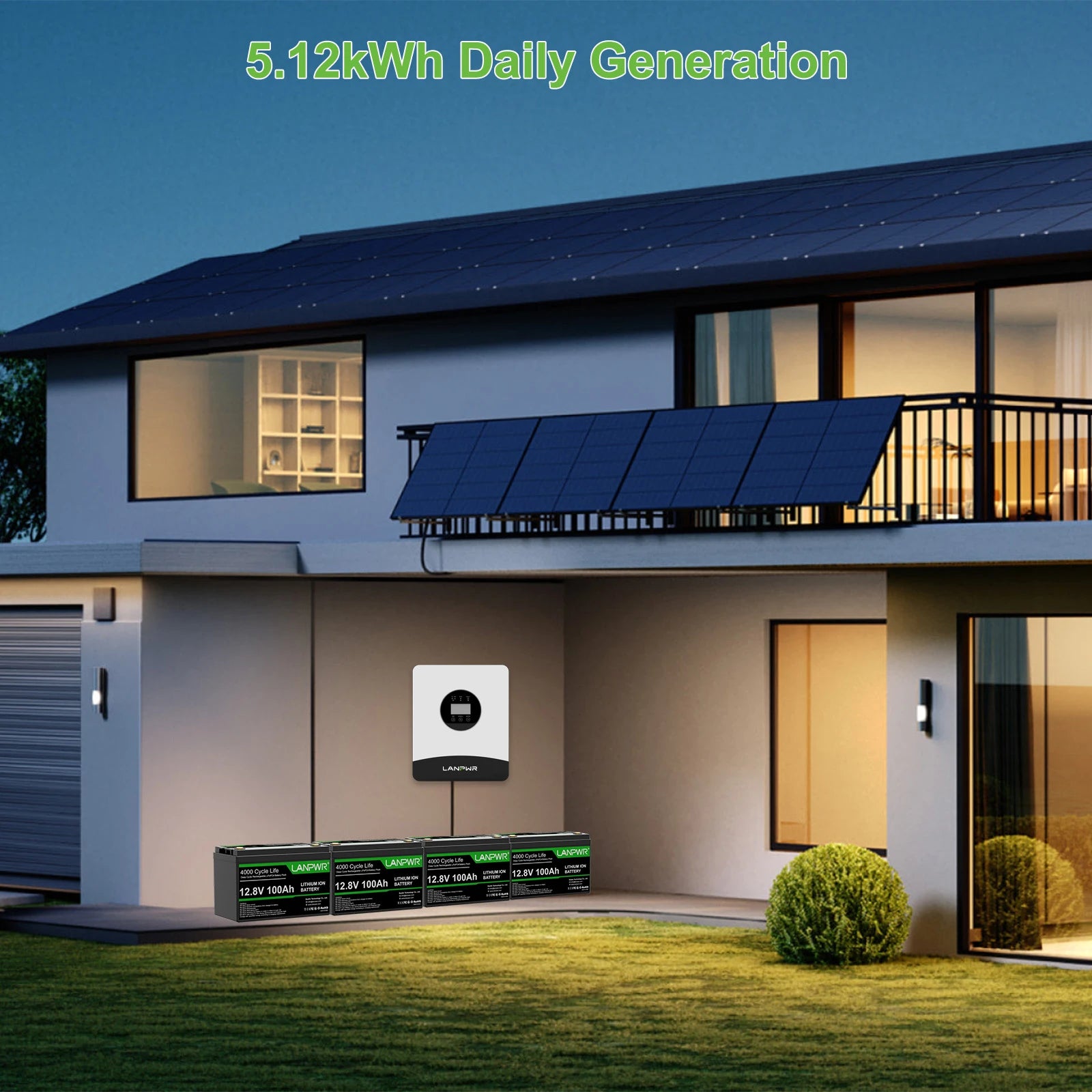LANPWR 1080Wp 3000W 24V 5.12kWh Off‑Grid Solar Kit - 24V 3000W Off-grid Inverter, 4x12V 100Ah LiFePO4 Lithium Battery
