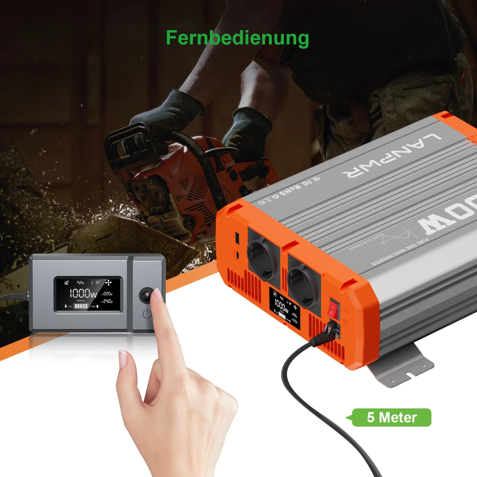 LANPWR 1000W Reiner Sinsuswellen Wechselrichter 24VDC zu 230VAC Konverter