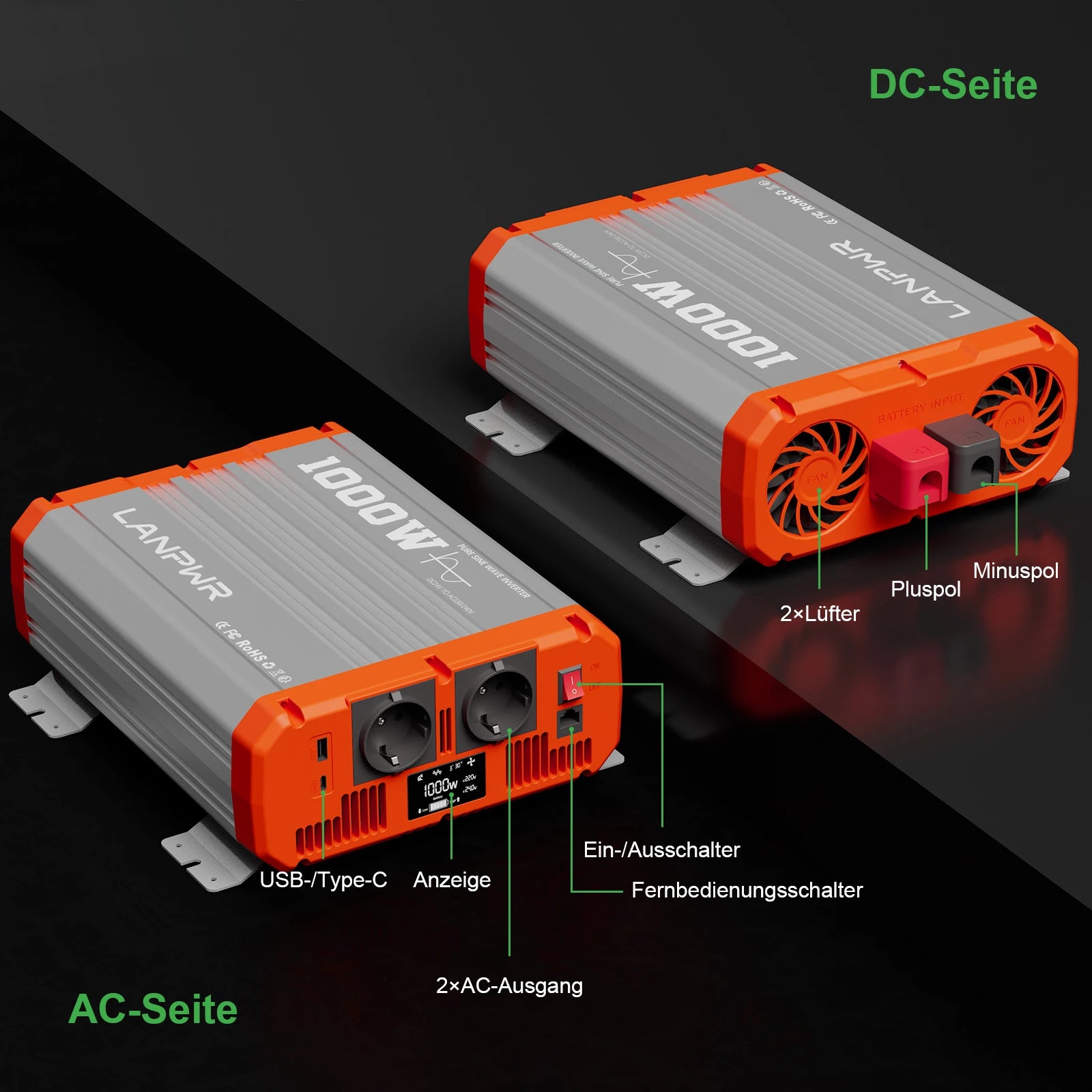 LANPWR 1000W Reiner Sinsuswellen Wechselrichter 24VDC zu 230VAC Konverter