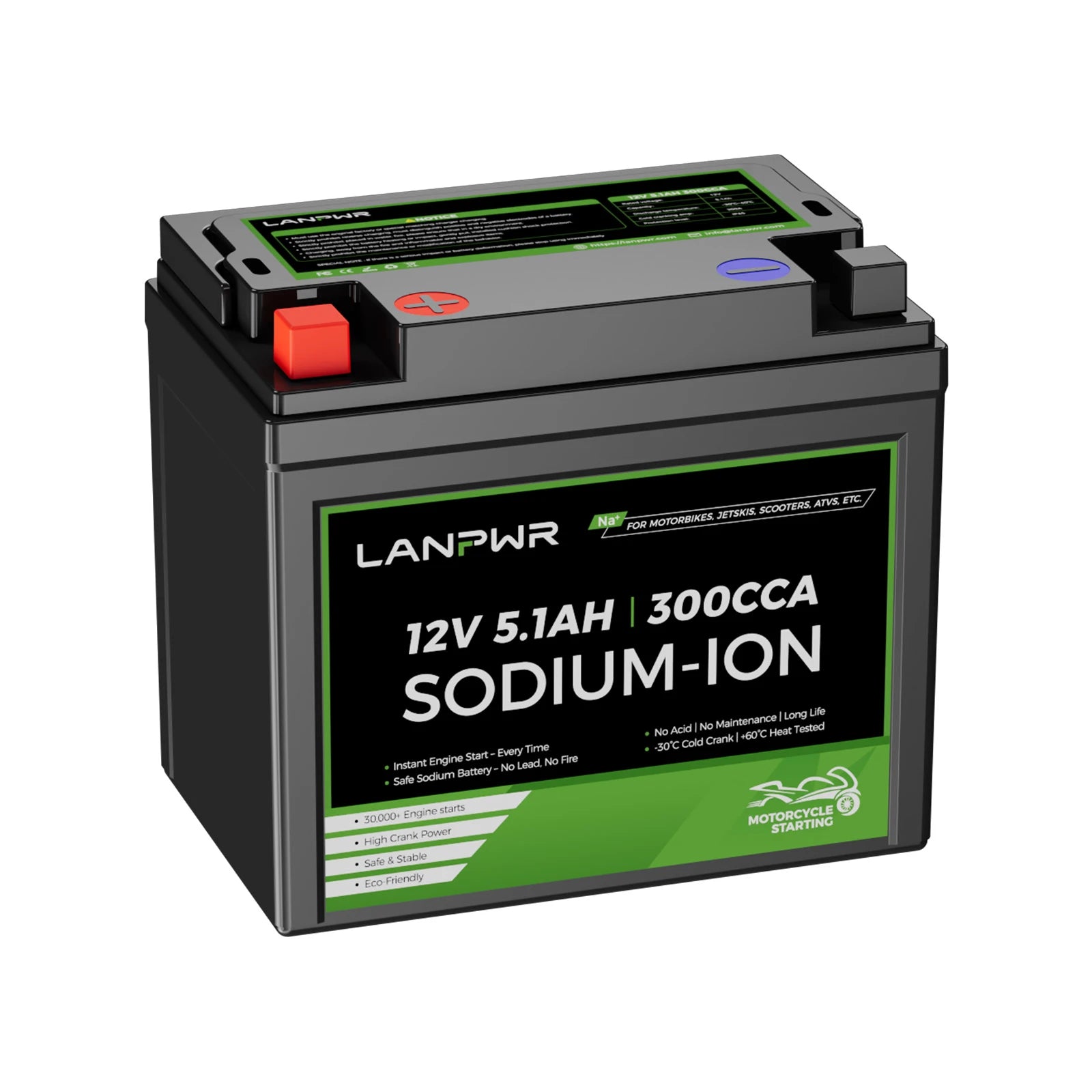 LANPWR 12V 5.1Ah 300CCA Natrium-Ionen Starterbatterie für Motorrad, Jet Ski, ATV, UTV, Snowmobile