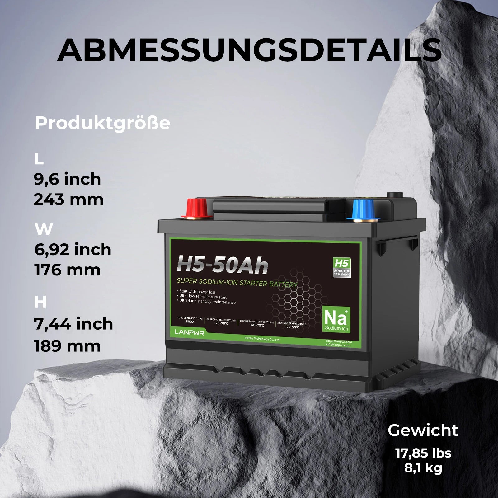 LANPWR 12 V 50 Ah 800 CCA Auto-Batterie Natrium-Ionen-Starterbatterie mit  Bluetooth