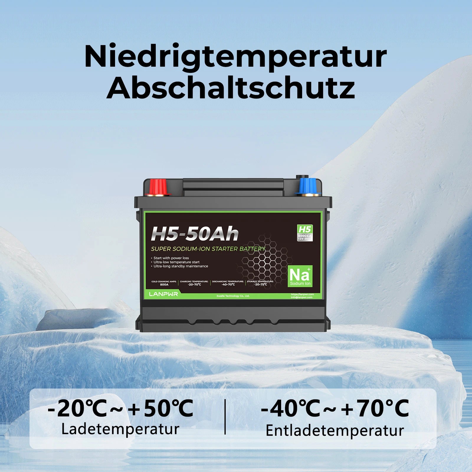 LANPWR 12 V 50 Ah 800 CCA Auto-Batterie Natrium-Ionen-Starterbatterie mit  Bluetooth