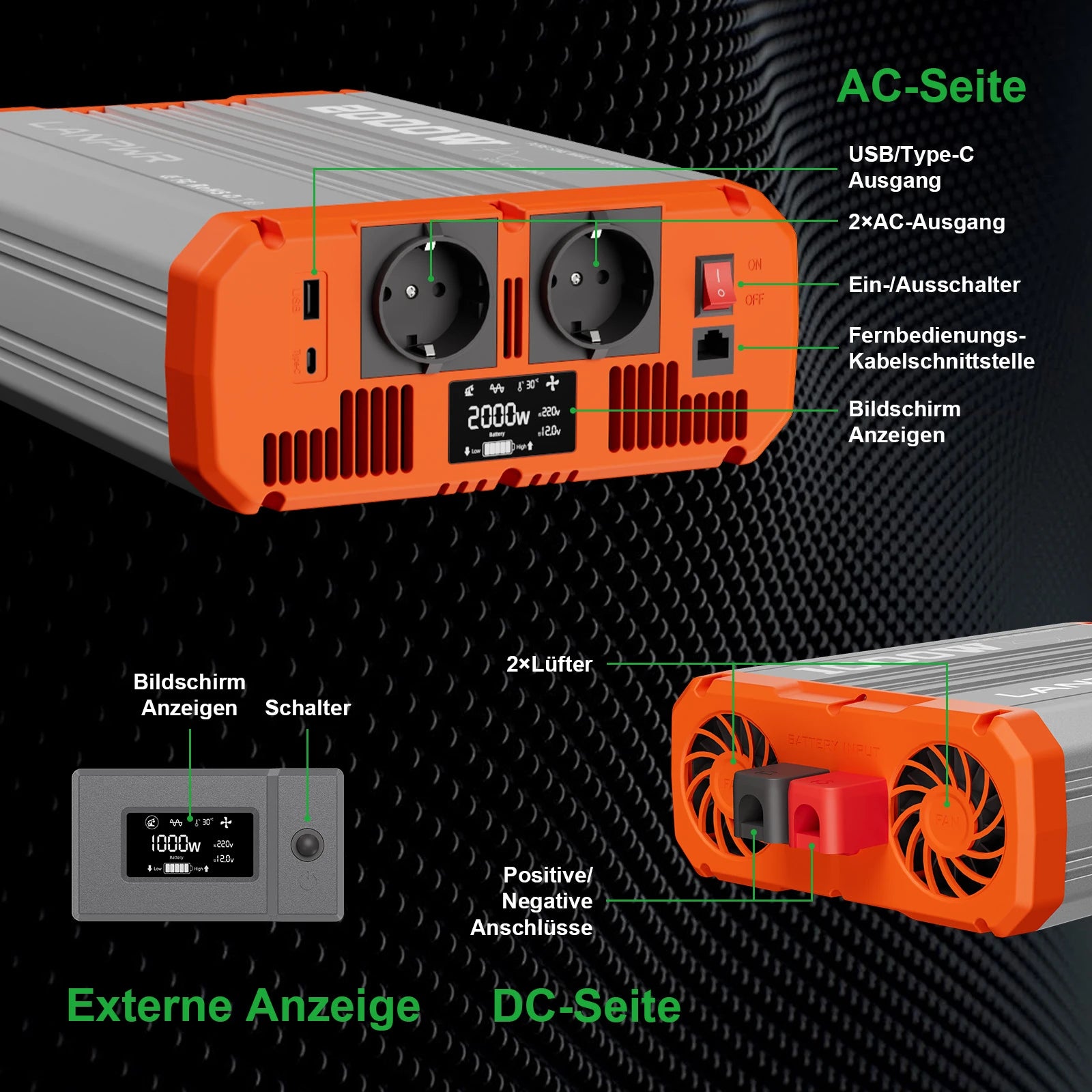 LANPWR 2000W Reiner Sinsuswellen Wechselrichter 12VDC zu 230VAC Konverter