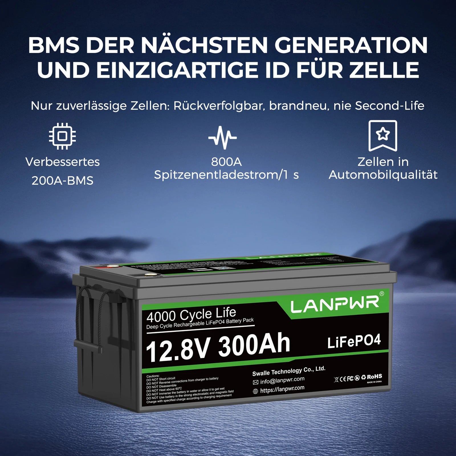 LANPWR 12V 300Ah Bluetooth LiFePO4 Lithium Batterie