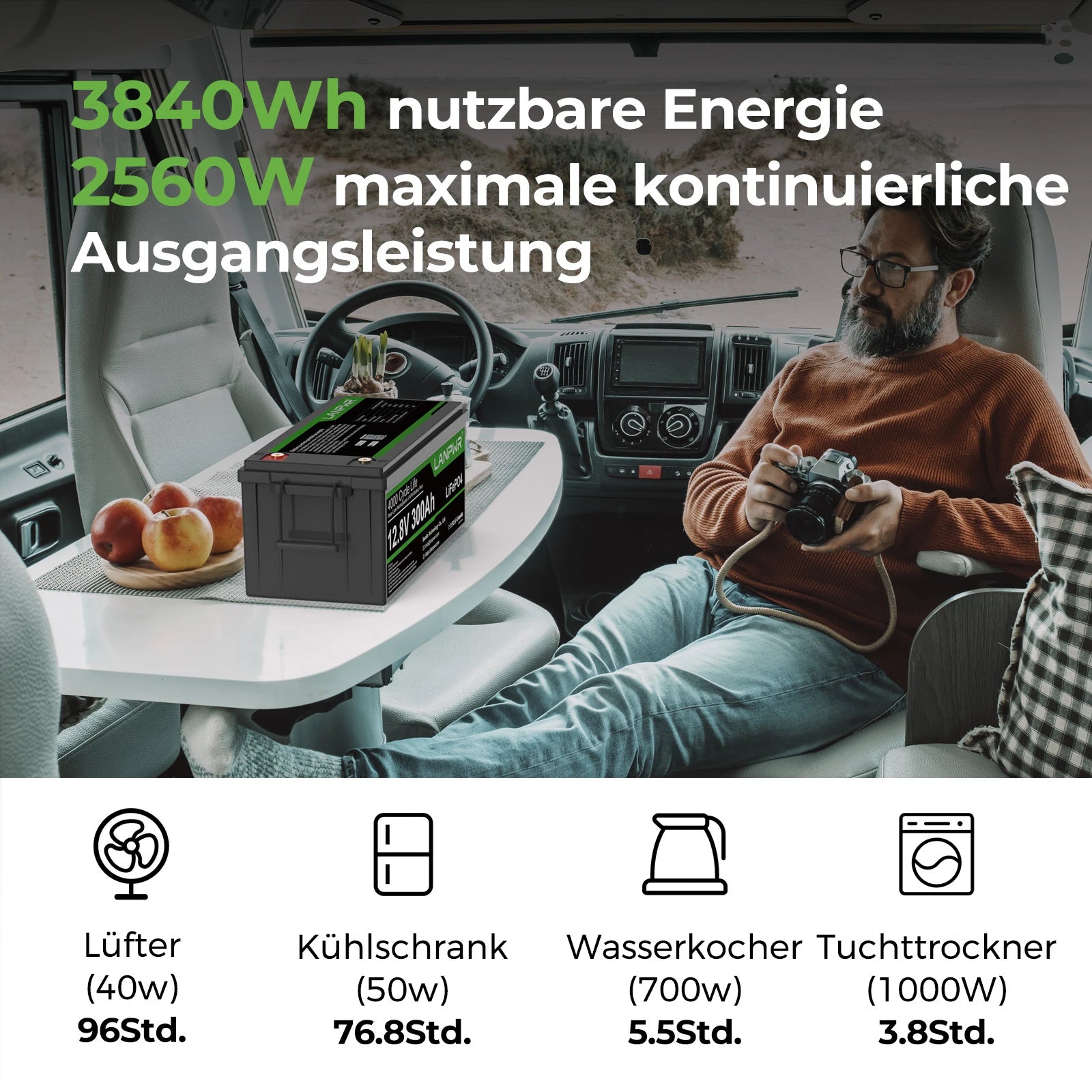 LANPWR 12V 300Ah Bluetooth LiFePO4 Lithium Batterie