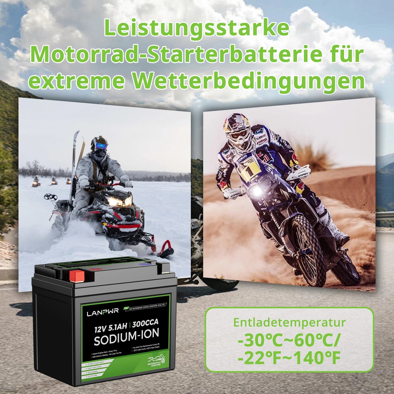 LANPWR 12V 5.1Ah 300CCA Natrium-Ionen Starterbatterie für Motorrad, Jet Ski, ATV, UTV, Snowmobile