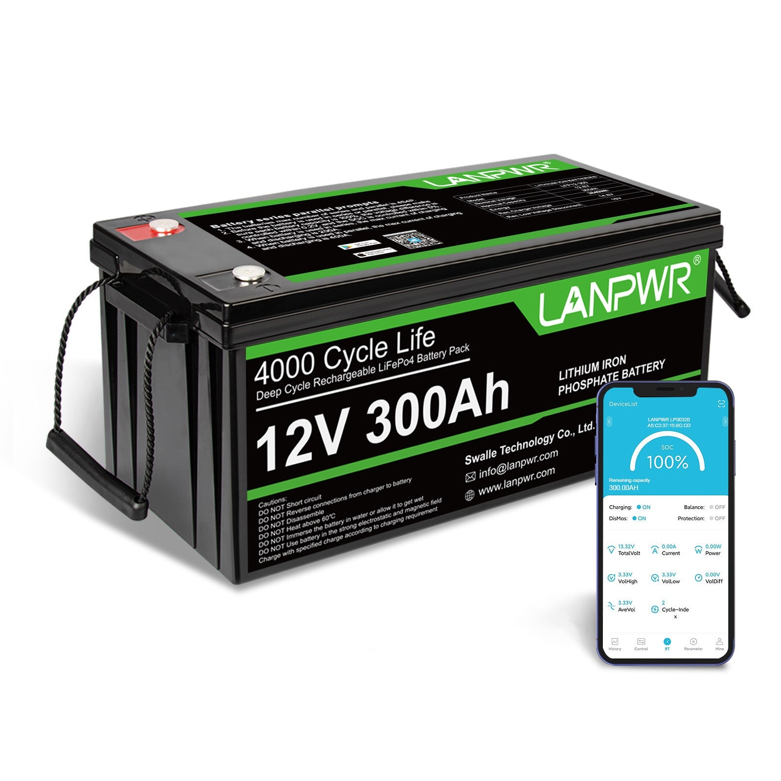 LANPWR 12V 300Ah Bluetooth LiFePO4 Lithium Batterie