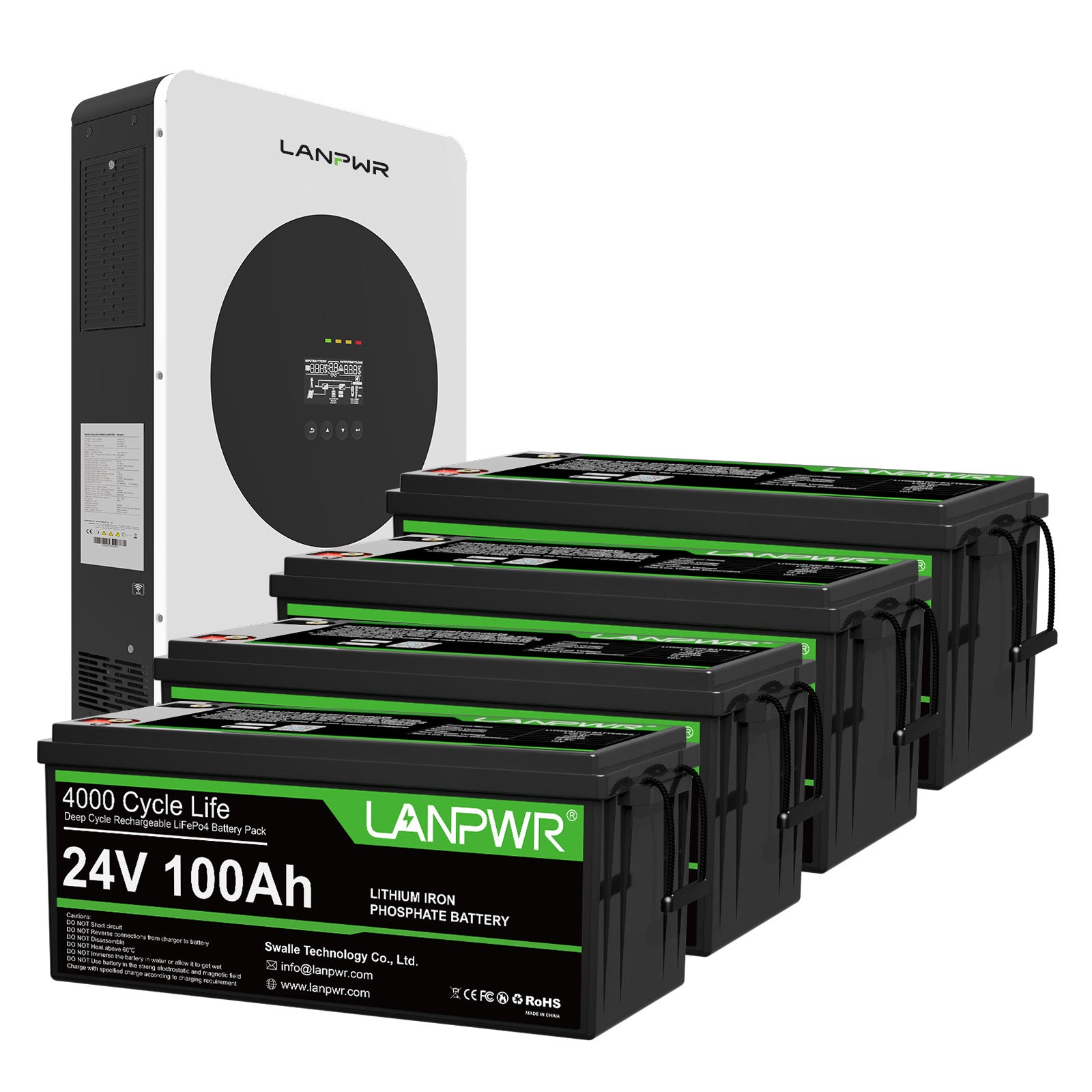 LANPWR 1440Wp 3600W 24V 5.12kWh Off‑Grid Solar Kit - 24V 3600W Off-grid Inverter, 2x24V 100Ah LiFePO4 Lithium Battery