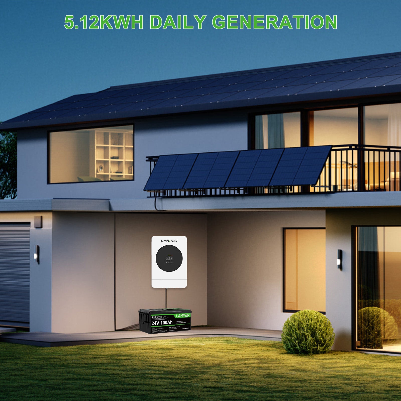 LANPWR 1440Wp 3600W 24V 5.12kWh Off‑Grid Solar Kit - 24V 3600W Off-grid Inverter, 2x24V 100Ah LiFePO4 Lithium Battery