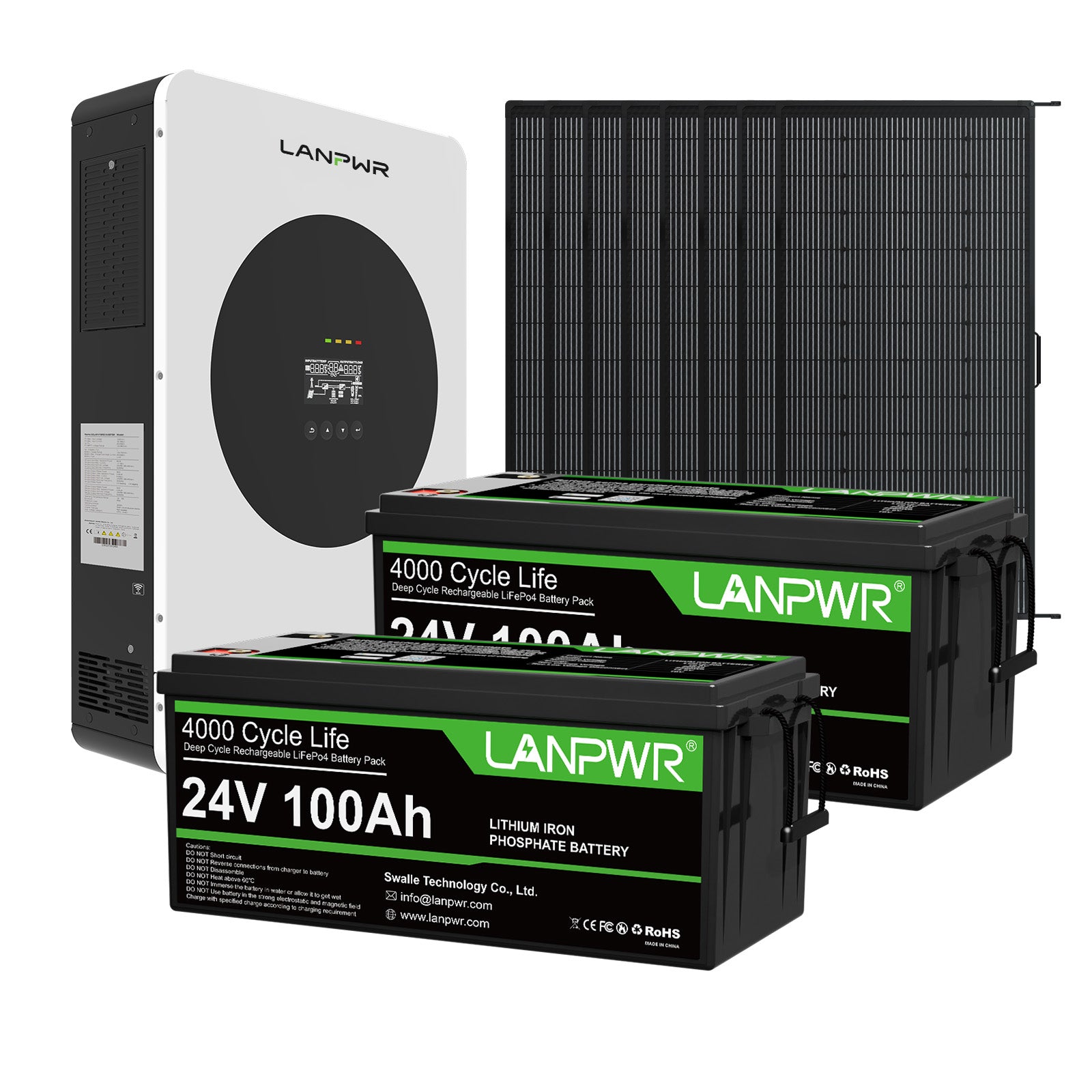 LANPWR 1440Wp 3600W 24V 5.12kWh Off‑Grid Solar Kit - 24V 3600W Off-grid Inverter, 2x24V 100Ah LiFePO4 Lithium Battery
