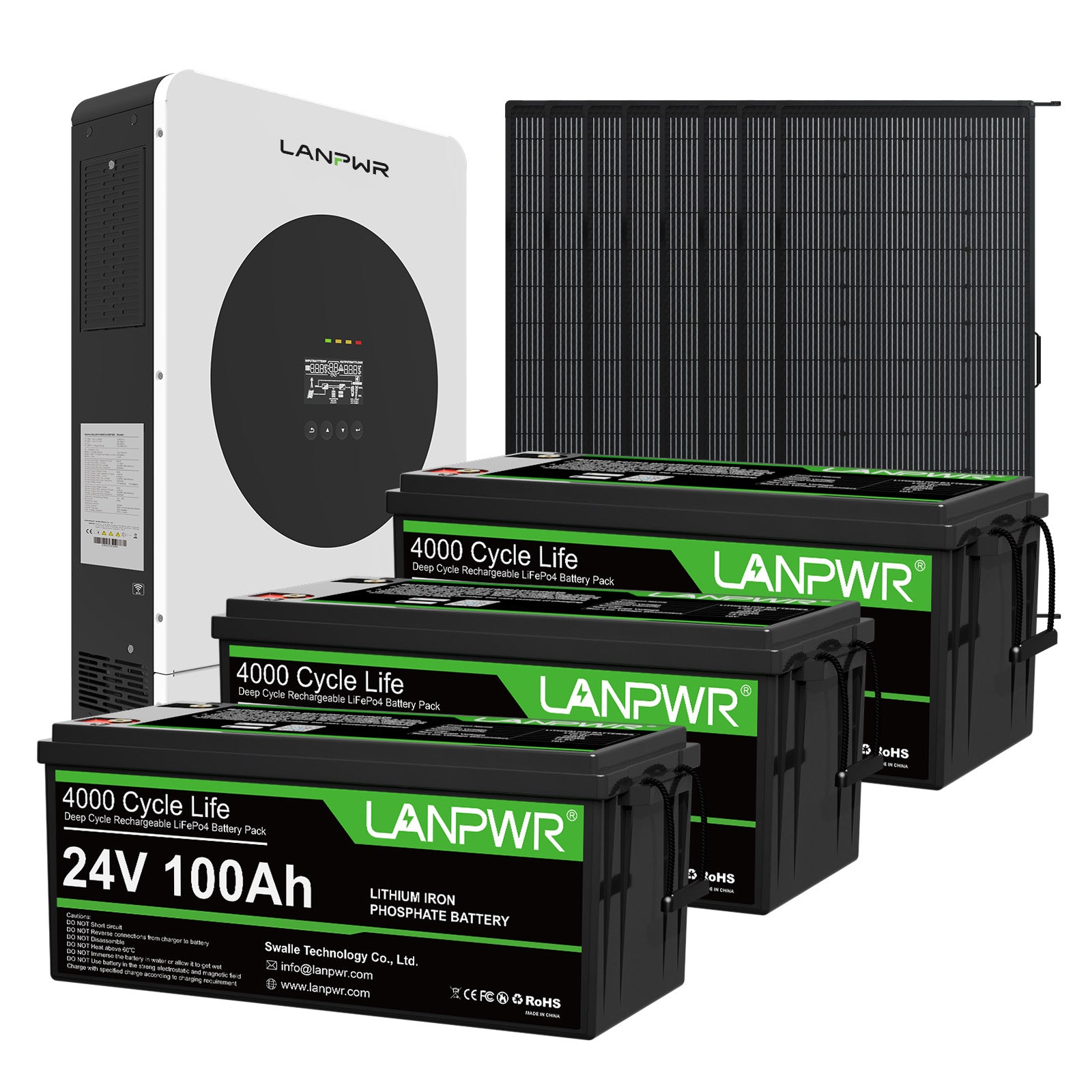 LANPWR 1440Wp 3600W 24V 5.12kWh Off‑Grid Solar Kit - 24V 3600W Off-grid Inverter, 2x24V 100Ah LiFePO4 Lithium Battery