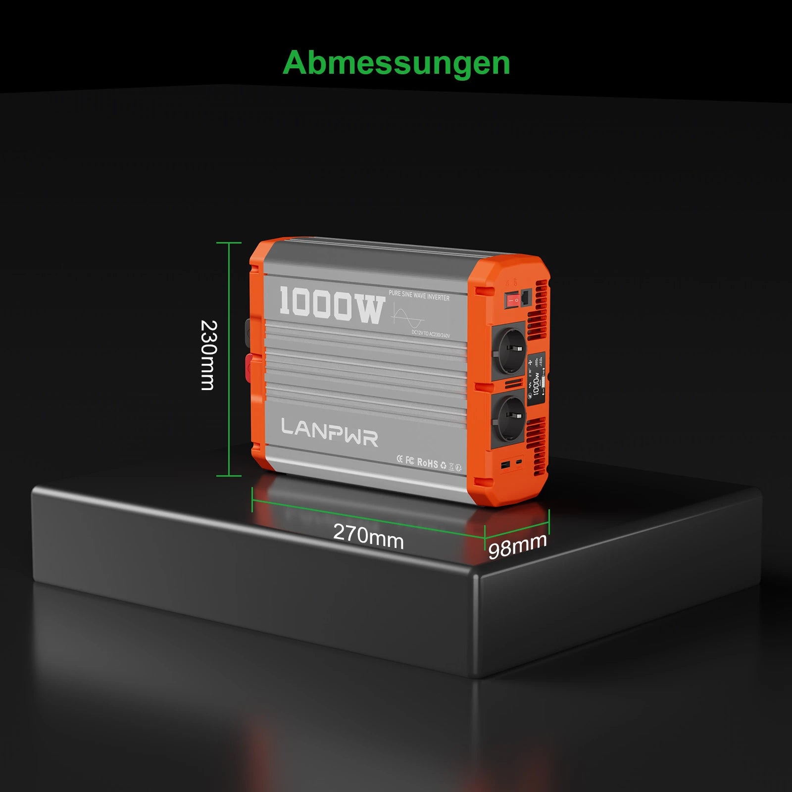 LANPWR 1000W Reiner Sinsuswellen Wechselrichter 12VDC zu 230VAC Konverter