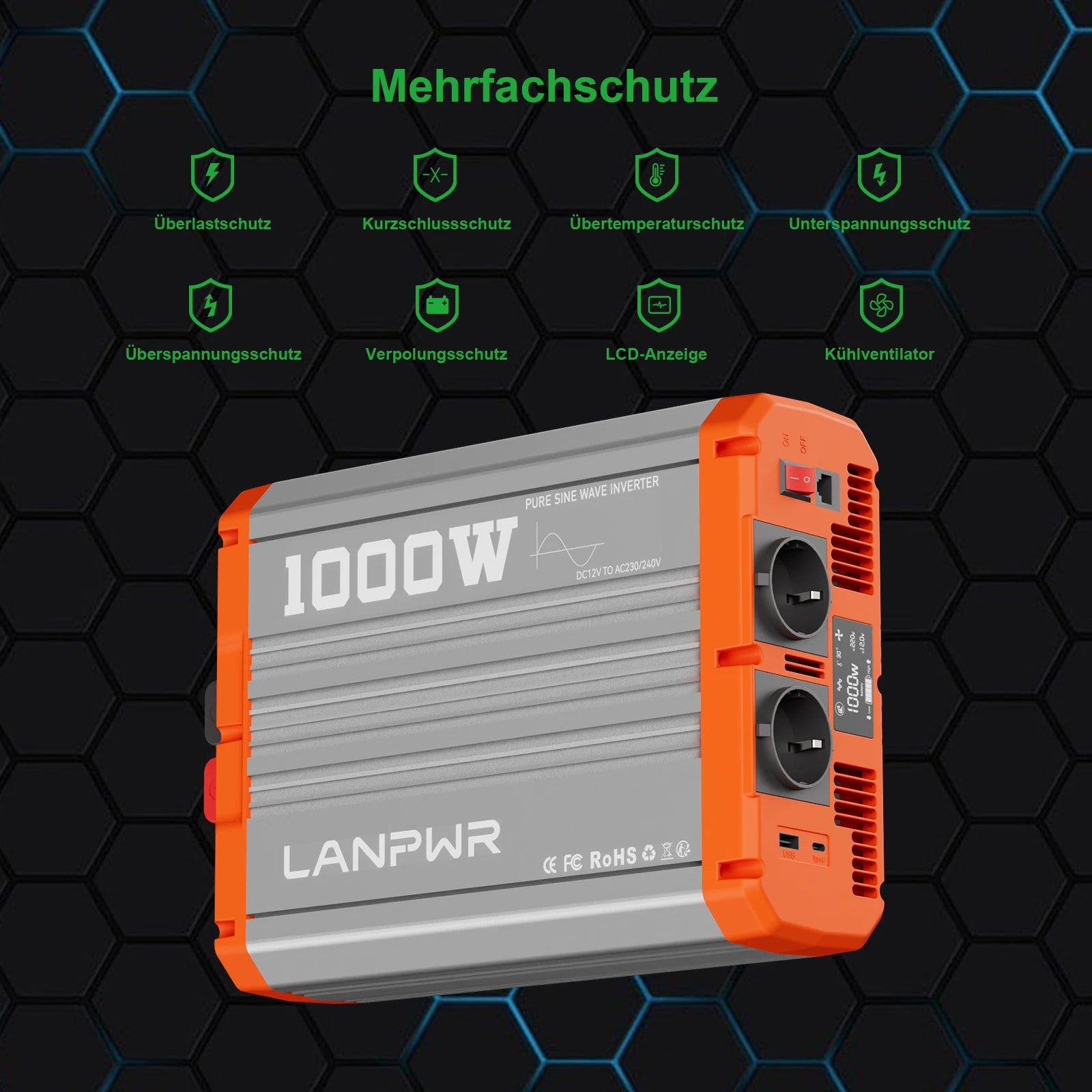 LANPWR 1000W Reiner Sinsuswellen Wechselrichter 12VDC zu 230VAC Konverter