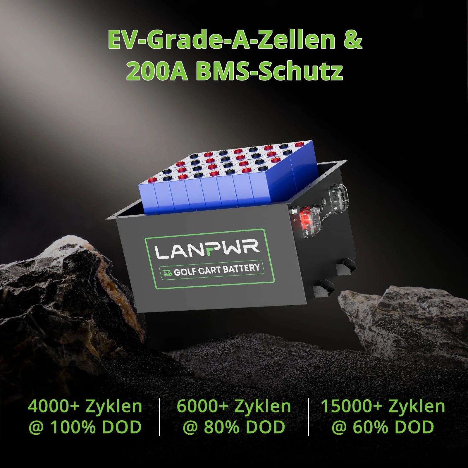 LANPWR 48 V 105 Ah LiFePO4-Golfwagen-Akku, integriertes 200 A BMS, wiederaufladbarer Lithium-Akku mit mehr als 4.000 Zyklen, max. 10,24 kW Ausgangsleistung