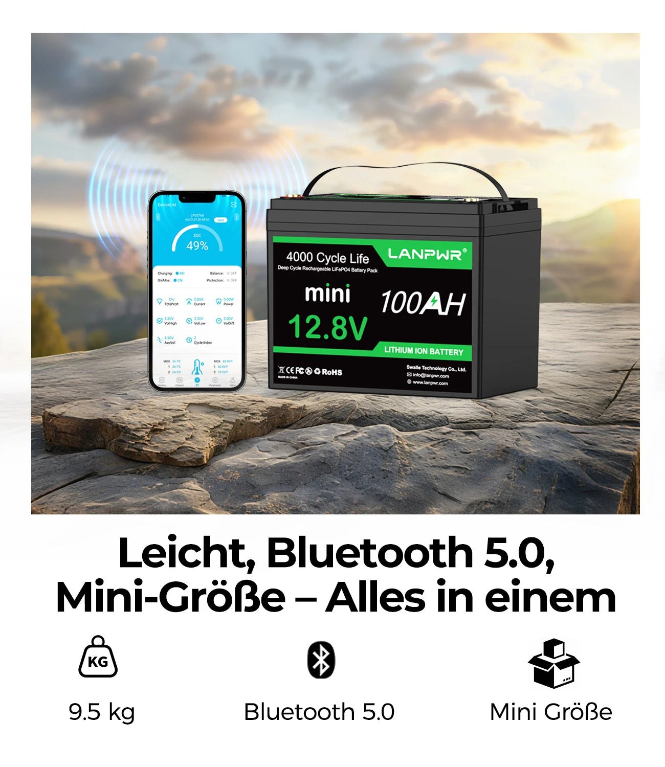 LANPWR 12V 100Ah Mini Bluetooth LiFePO₄ Lithiumbatterie für MiniCamper Wohnmobil